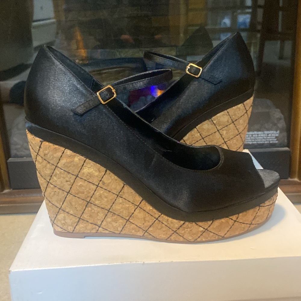 Steve Madden Adjustable Ankle Strap Masster Black Silky Fabric Open Toe Wedge
